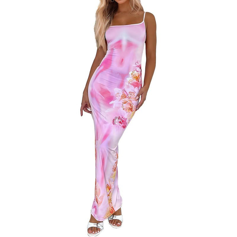Elegant Red Floral Spaghetti Strap Bodycon Maxi Dress