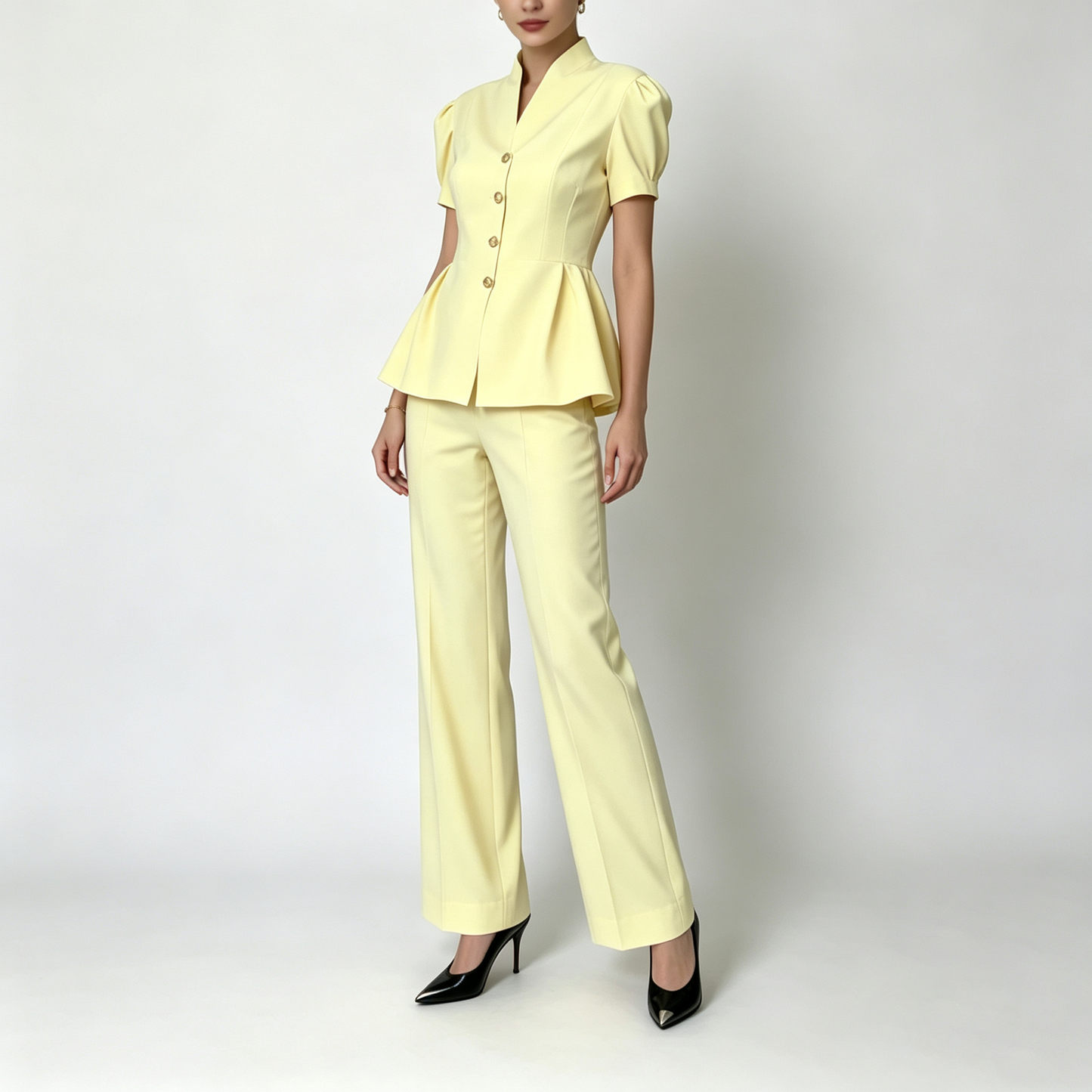 Elegant Peplum Power Suit – Short Sleeve Jacket & Wide-Leg Pants Set