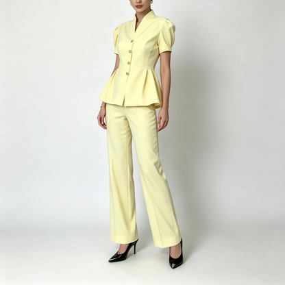 Elegant Peplum Power Suit – Short Sleeve Jacket & Wide-Leg Pants Set