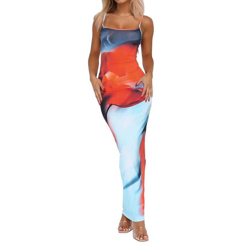 Elegant Red Floral Spaghetti Strap Bodycon Maxi Dress