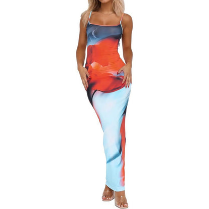 Elegant Red Floral Spaghetti Strap Bodycon Maxi Dress