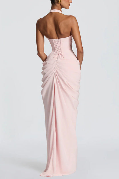 2026 Summer Halter V-Neck Ruched High-Slit Maxi Dress