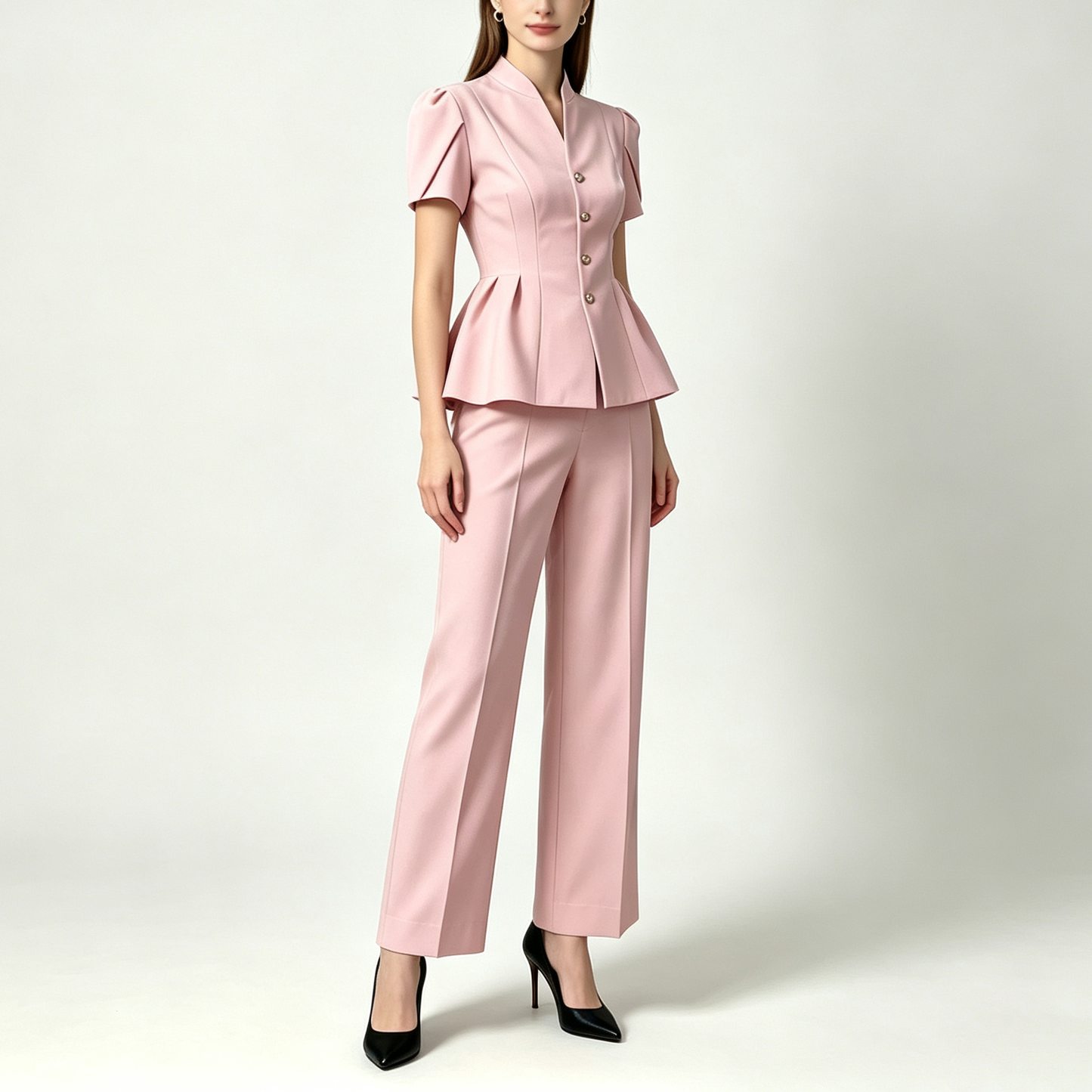 Elegant Peplum Power Suit – Short Sleeve Jacket & Wide-Leg Pants Set
