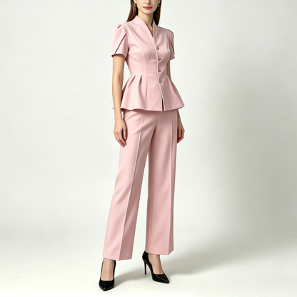 Elegant Peplum Power Suit – Short Sleeve Jacket & Wide-Leg Pants Set
