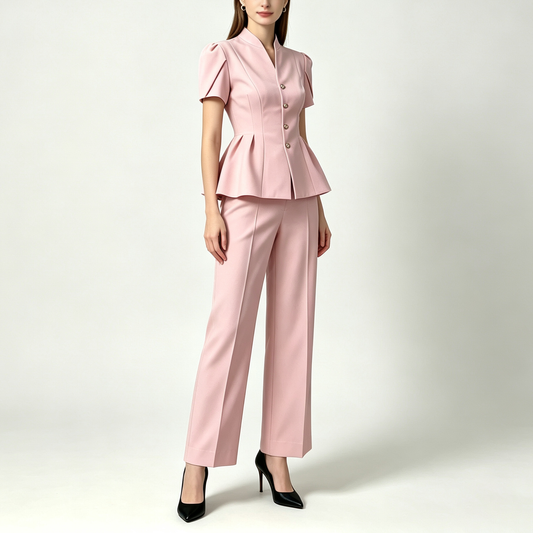 Elegant Peplum Power Suit – Short Sleeve Jacket & Wide-Leg Pants Set