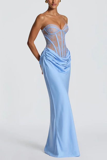 Strapless Corset Lace Satin Maxi Dress