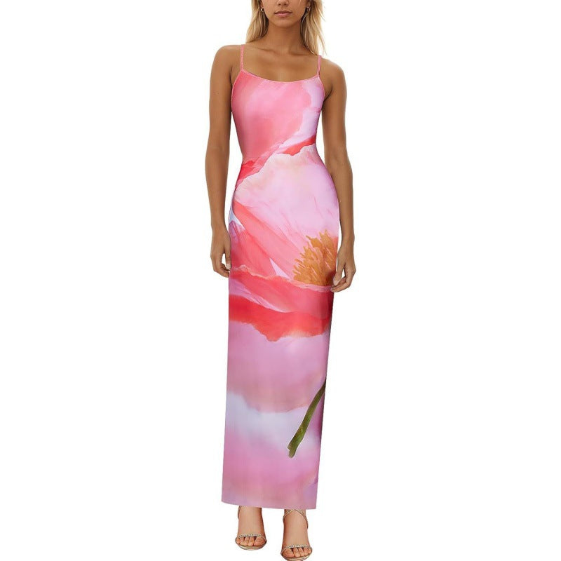 Elegant Red Floral Spaghetti Strap Bodycon Maxi Dress
