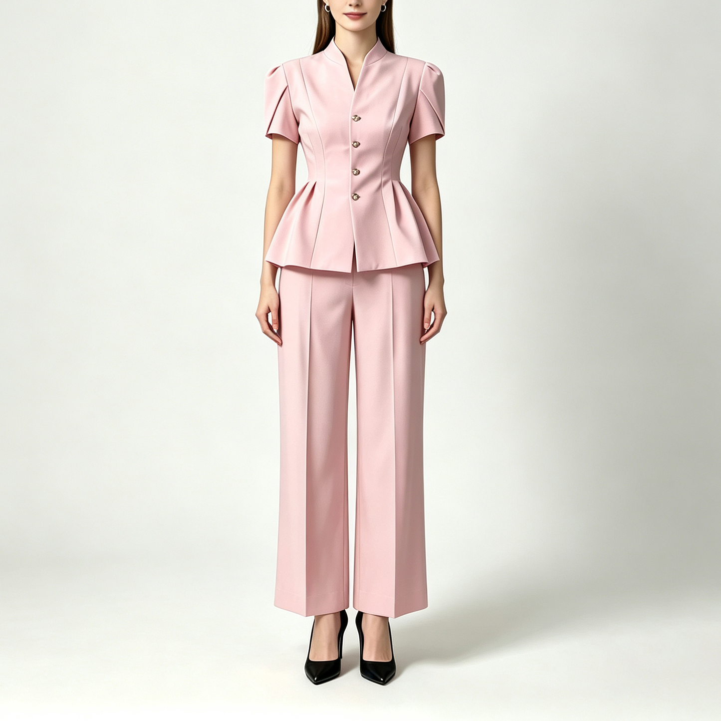 Elegant Peplum Power Suit – Short Sleeve Jacket & Wide-Leg Pants Set