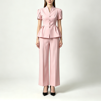 Elegant Peplum Power Suit – Short Sleeve Jacket & Wide-Leg Pants Set