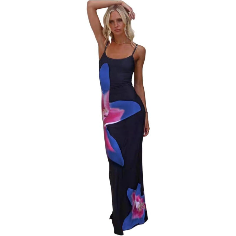 Elegant Red Floral Spaghetti Strap Bodycon Maxi Dress