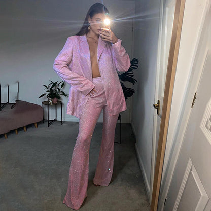 Sequin Three-Piece Set – Blazer, Bralette & High-Waist Pants