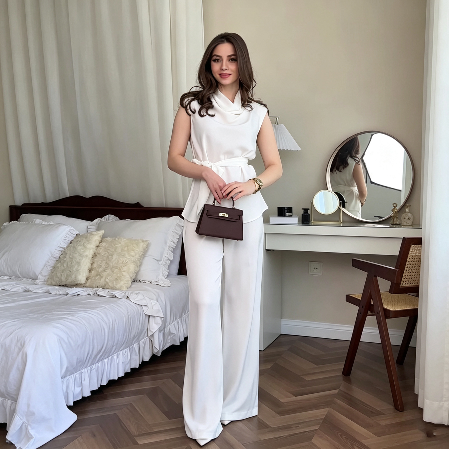 Women's Satin Cowl Neck Sleeveless Belted Two-Piece Wide Leg Pants Set