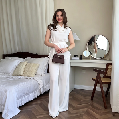 Women's Satin Cowl Neck Sleeveless Belted Two-Piece Wide Leg Pants Set