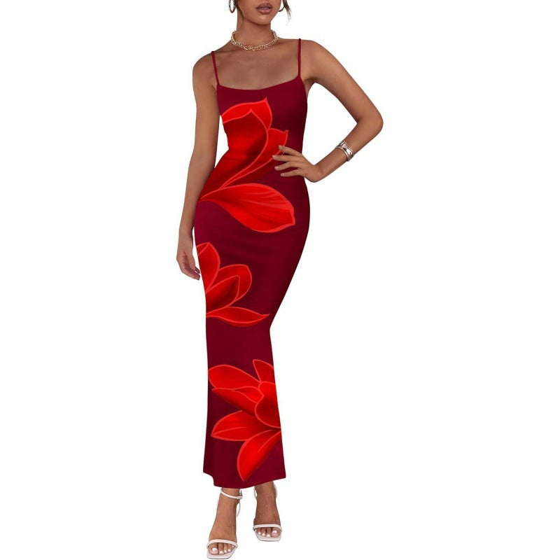 Elegant Red Floral Spaghetti Strap Bodycon Maxi Dress