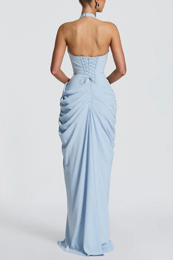2026 Summer Halter V-Neck Ruched High-Slit Maxi Dress
