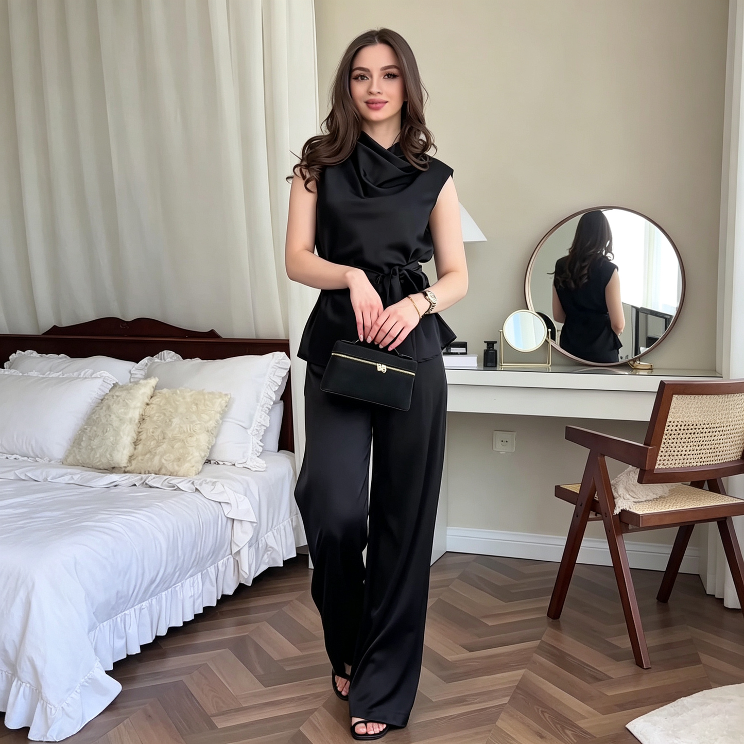 Women's Satin Cowl Neck Sleeveless Belted Two-Piece Wide Leg Pants Set