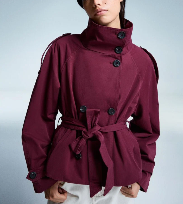 2026 Autumn Short Trench Coat – Solid Color Waist-Tie Windbreaker Jacket