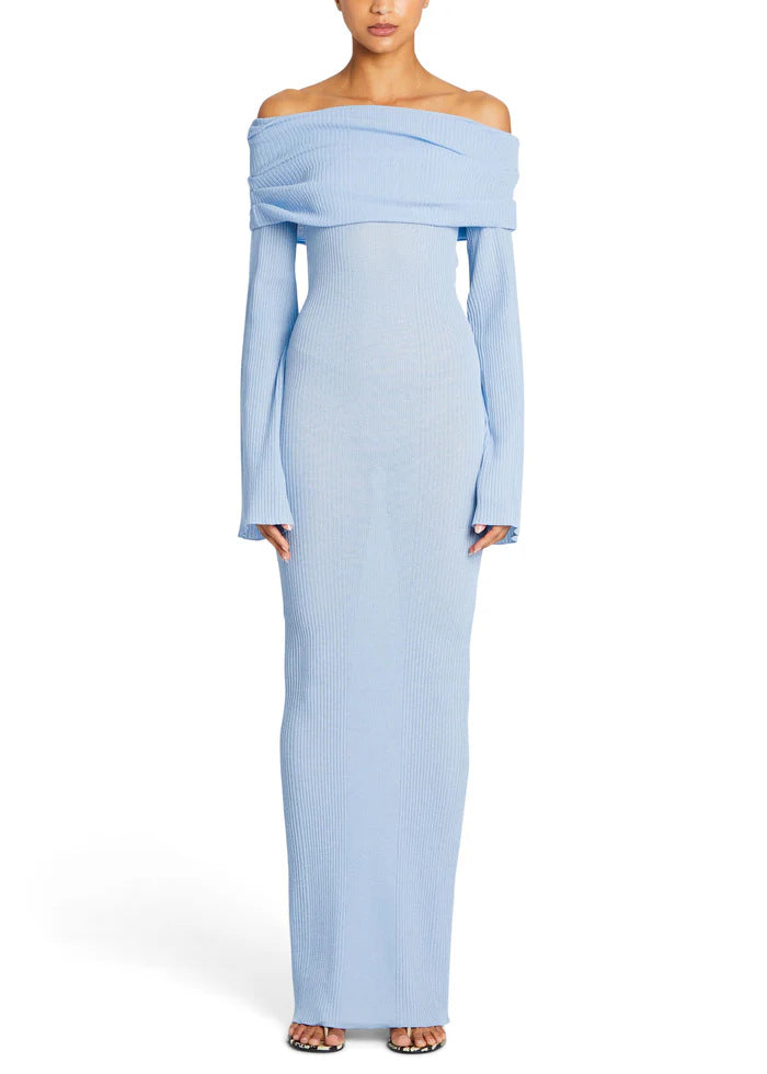 Sexy Off-Shoulder Long Sleeve Ribbed Knit Bodycon Dress – Solid Color Midi