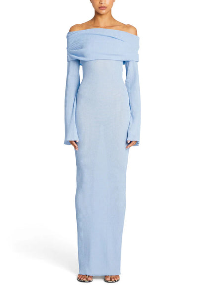 Sexy Off-Shoulder Long Sleeve Ribbed Knit Bodycon Dress – Solid Color Midi
