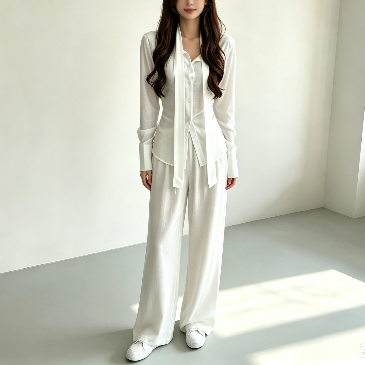 Elegant Drape Scarf Blouse & Wide-Leg Pants Matching Set
