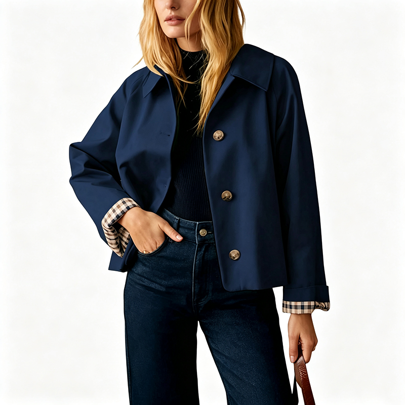 Elegant Plaid Cuff Cropped Trench Jacket - A Timeless Modern Essential