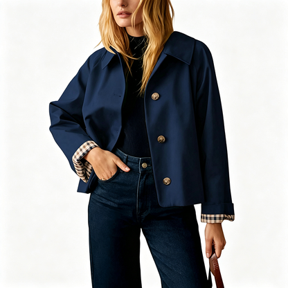 Elegant Plaid Cuff Cropped Trench Jacket - A Timeless Modern Essential