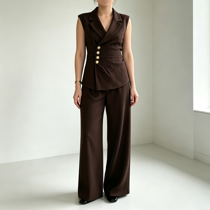 Elegant V-Neck Sleeveless Vest & Wide-Leg Pants Set