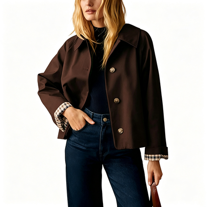 Elegant Plaid Cuff Cropped Trench Jacket - A Timeless Modern Essential