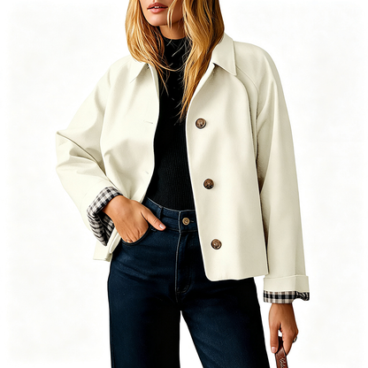 Elegant Plaid Cuff Cropped Trench Jacket - A Timeless Modern Essential