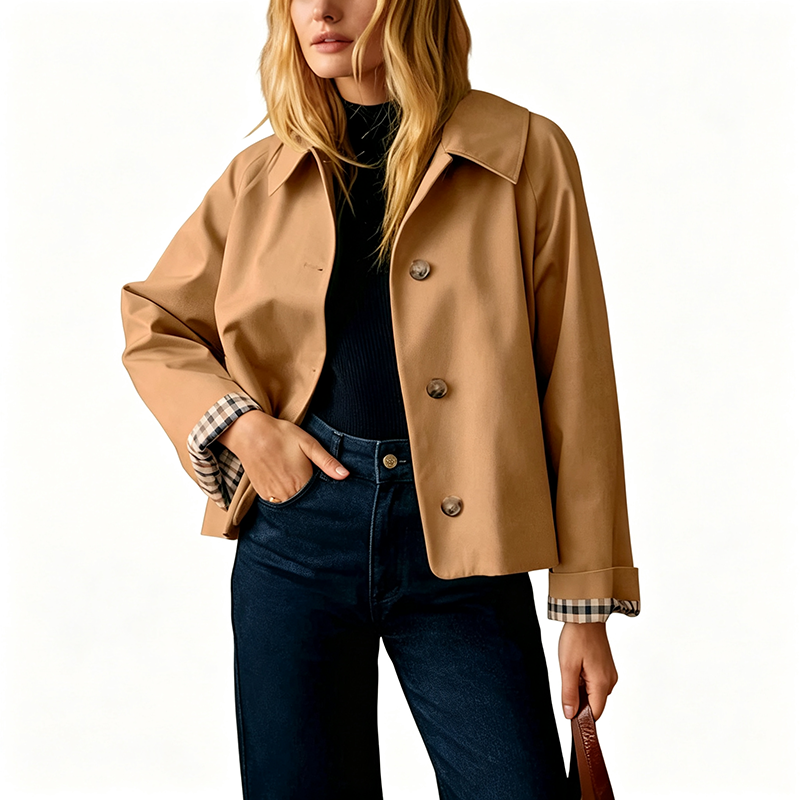 Elegant Plaid Cuff Cropped Trench Jacket - A Timeless Modern Essential