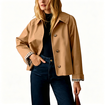 Elegant Plaid Cuff Cropped Trench Jacket - A Timeless Modern Essential