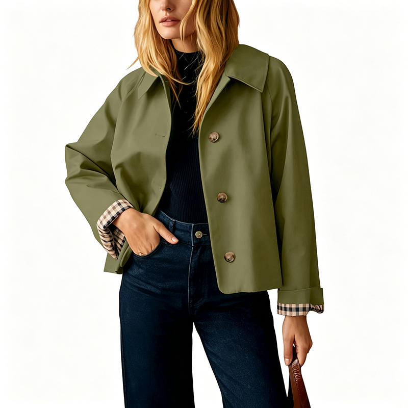 Elegant Plaid Cuff Cropped Trench Jacket - A Timeless Modern Essential