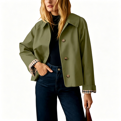 Elegant Plaid Cuff Cropped Trench Jacket - A Timeless Modern Essential