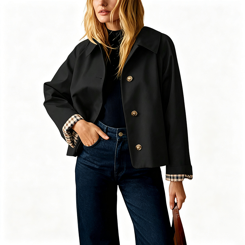Elegant Plaid Cuff Cropped Trench Jacket - A Timeless Modern Essential