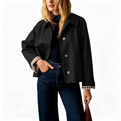 Elegant Plaid Cuff Cropped Trench Jacket - A Timeless Modern Essential