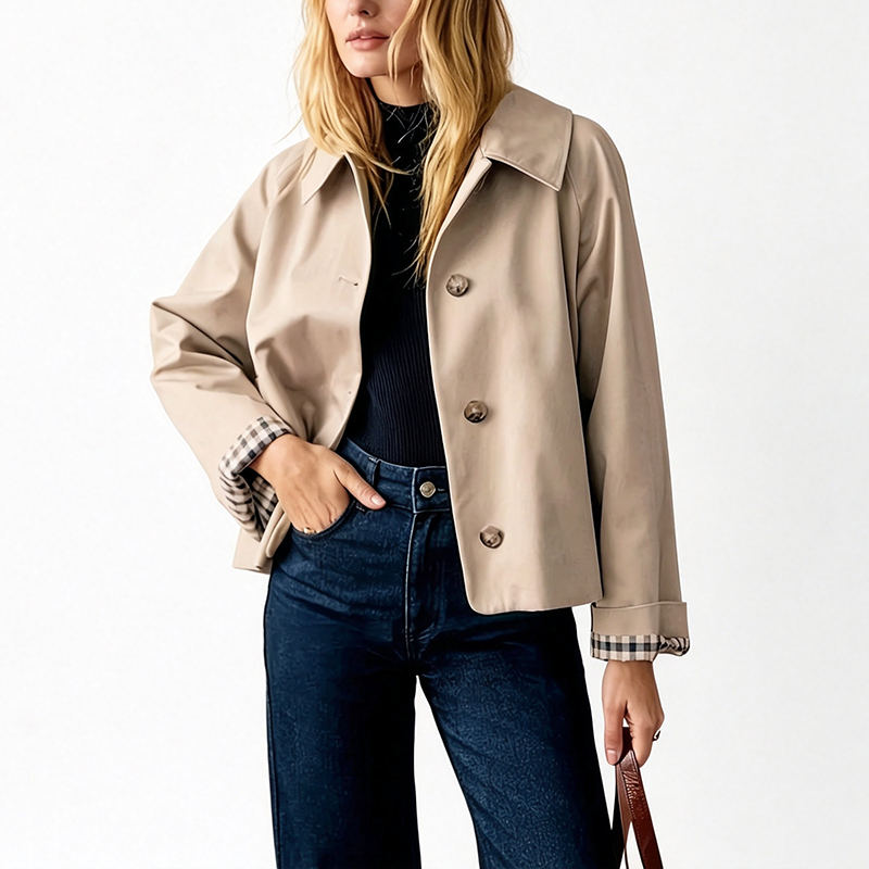 Elegant Plaid Cuff Cropped Trench Jacket - A Timeless Modern Essential