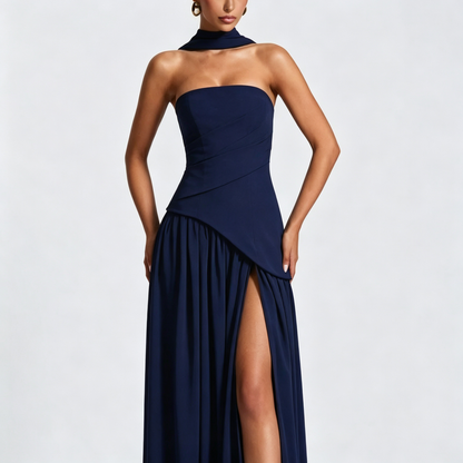 Elegant Strapless High-Slit Maxi Evening Gown with Matching Neck Scarf