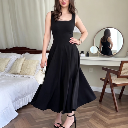 Elegant Square Neck Sleeveless Midi Dress with Flared Skirt