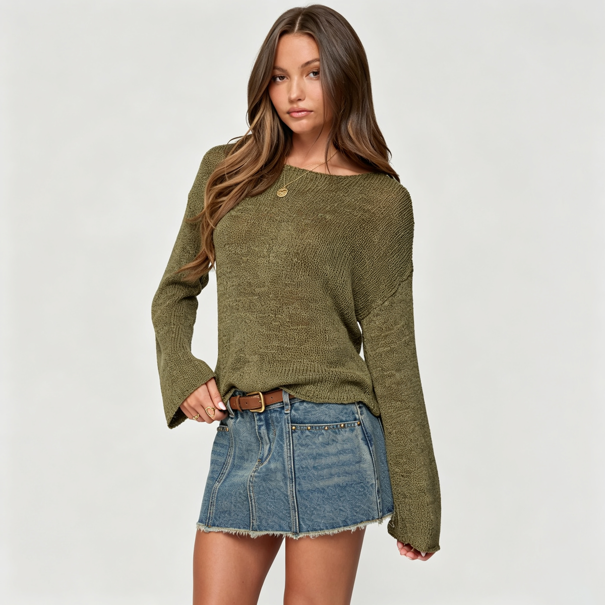 Effortless Open-Knit Long Sleeve Sweater with Bell Sleeves