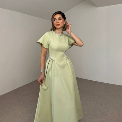 Elegant Pearl-Embellished Short Sleeve Round Neck Midi Dress – 2026 Summer Collection
