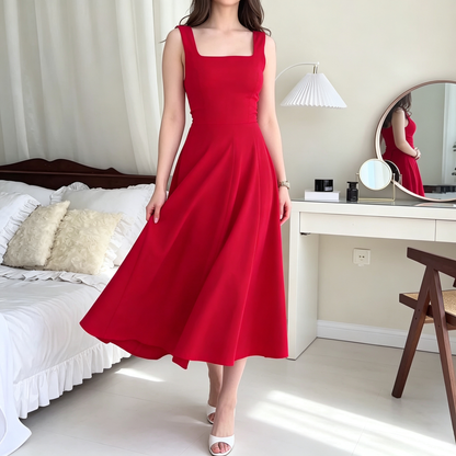 Elegant Square Neck Sleeveless Midi Dress with Flared Skirt