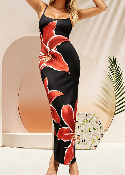 Elegant Red Floral Spaghetti Strap Bodycon Maxi Dress