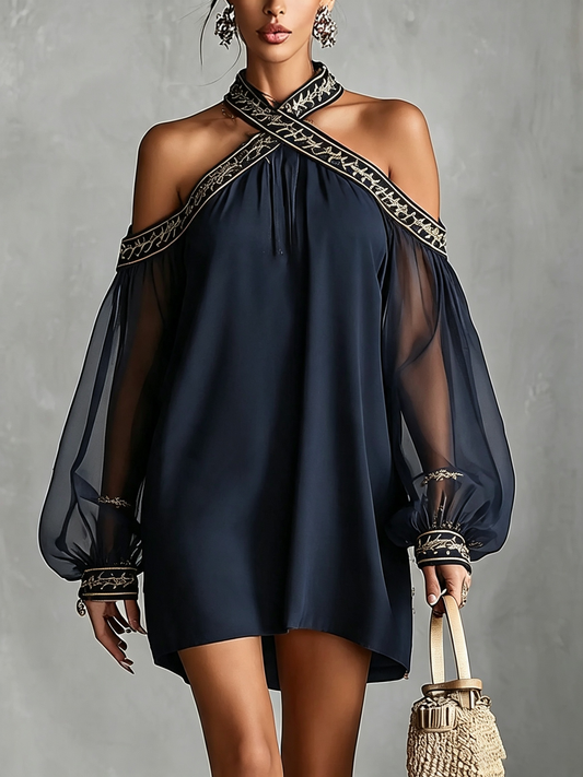 Navy Blue Off-Shoulder Cross-Halter Mini Dress with Embroidered Trim & Sheer Balloon Sleeves