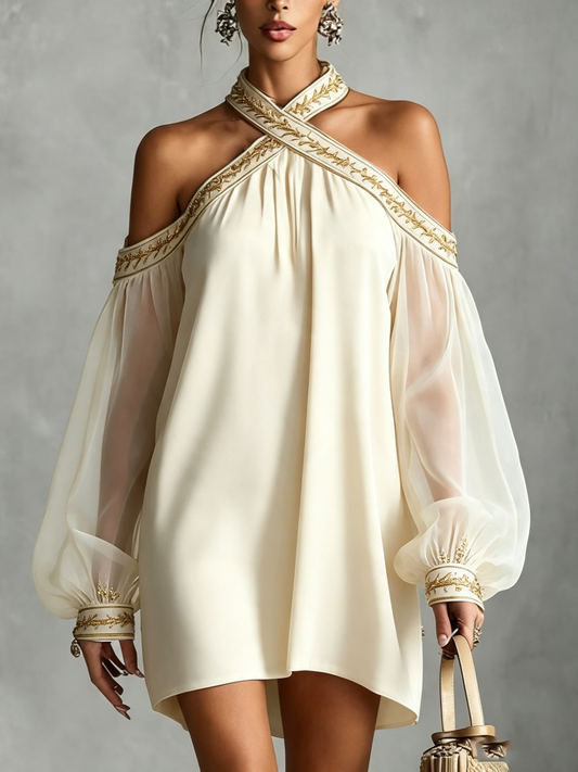 Navy Blue Off-Shoulder Cross-Halter Mini Dress with Embroidered Trim & Sheer Balloon Sleeves