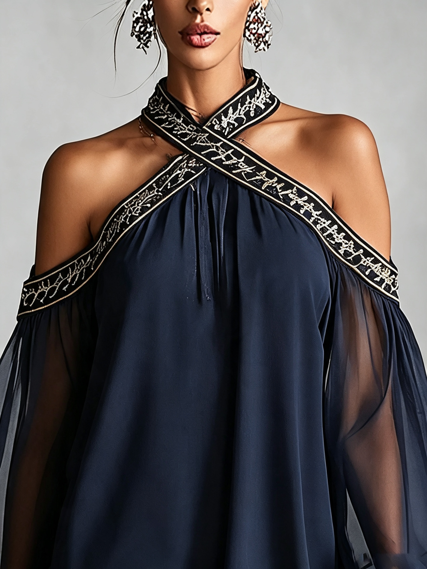 Navy Blue Off-Shoulder Cross-Halter Mini Dress with Embroidered Trim & Sheer Balloon Sleeves