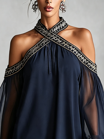 Navy Blue Off-Shoulder Cross-Halter Mini Dress with Embroidered Trim & Sheer Balloon Sleeves