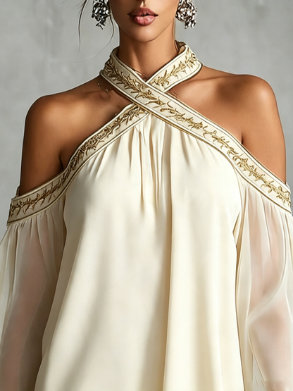 Navy Blue Off-Shoulder Cross-Halter Mini Dress with Embroidered Trim & Sheer Balloon Sleeves