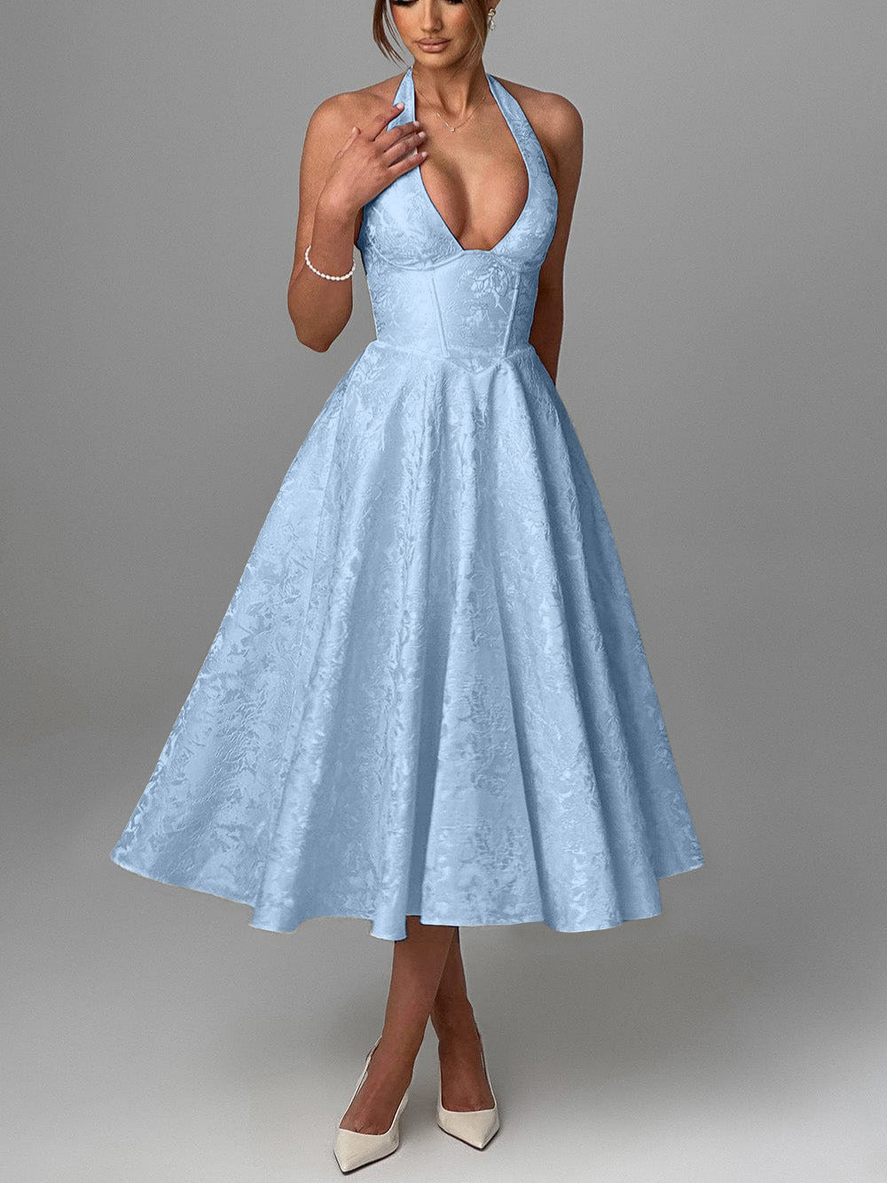 Elegant Floral Jacquard Halter V-Neck Open-Back Midi Dress