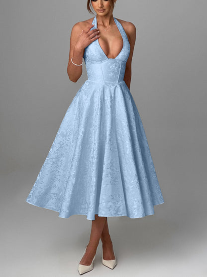 Elegant Floral Jacquard Halter V-Neck Open-Back Midi Dress
