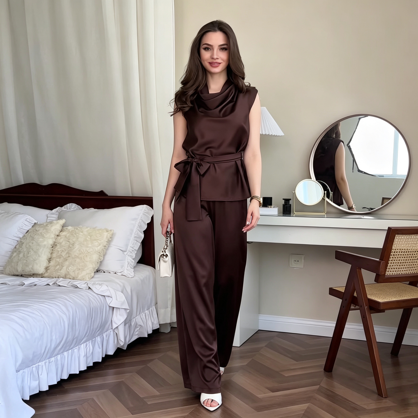 Women's Satin Cowl Neck Sleeveless Belted Two-Piece Wide Leg Pants Set